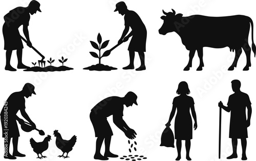 Farmer agriculture silhouette illustration showing planting, harvesting, feeding chickens, seed sowing, and livestock care in rural farming lifestyle scenes
