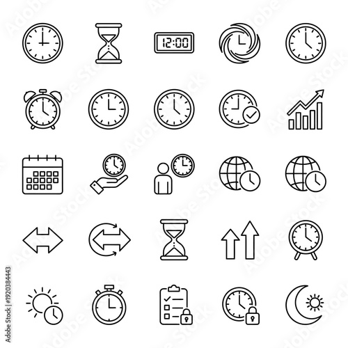 Black vector set of icons featuring a business clock, finance money sign, web calendar, and time stopwatch symbols for website design collection