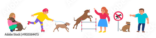 kids boys and girl play with dog vector illustration 
