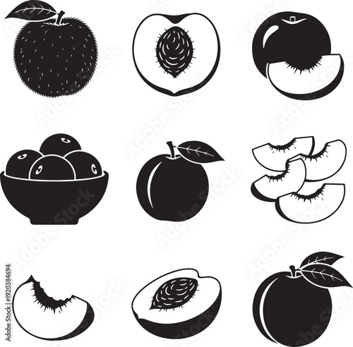 Black peach icon collection. Includes peaches, peach bowl, sliced peaches, and halved peaches. Created in solid black style with white background.