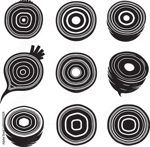 Onion icon set, black and white. Includes 8 onion icons. Created in simple line style with monochromatic palette.