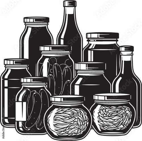 Vector illustration of assorted bottles and jars with food contents, isolated on transparent background