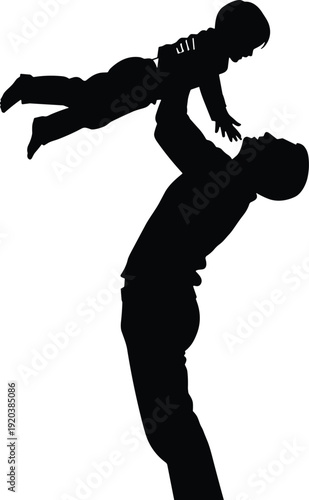 Father lifting baby in air silhouette, happy parenting moment, family love bonding concept, joyful dad and child isolated on background