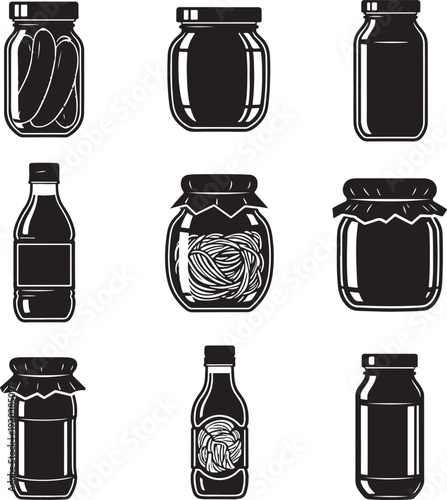 Food and drink jar icon collection. Includes jam, sauce, pickles, and condiment jars. Created in line style with black and white palette.