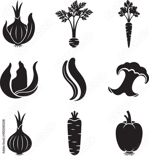 Vegetable icons collection. Includes onion, beetroot, carrot, garlic, chili, bell pepper, and leek symbols. Created in solid black style with white outline.