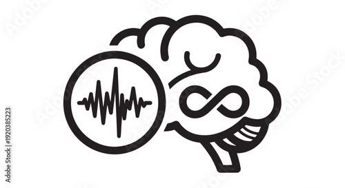 Icon depicting human brain with a brainwave signal and an infinity symbol representing continuous thought and activity