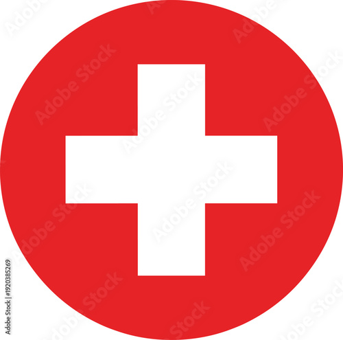 Red circle with white medical cross symbol, healthcare emergency aid icon, hospital sign isolated on light background, flat design illustration