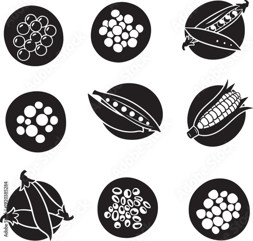 Agriculture flat icon collection. Includes corn, seed, leaf, grain, and fruit symbols. Created in simple style with black and white palette.