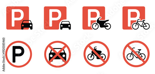 Parking Signs traffic vector graphics, vehicle-specific parking and no parking symbols for cars, motorcycles, and bicycles