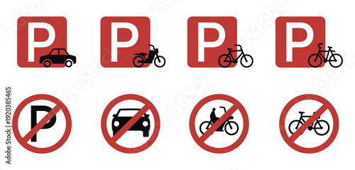 Parking Signs traffic vector graphics, vehicle-specific parking and no parking symbols for cars, motorcycles, and bicycles