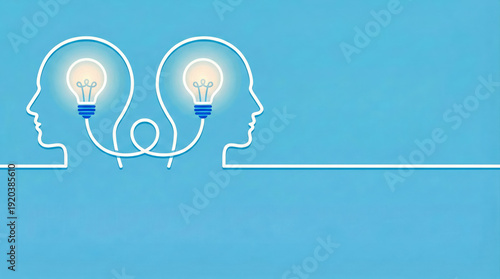Two human head silhouettes connected by a line with bright lightbulbs, symbolizing collaborative thinking, idea exchange, and problem-solving innovation on a minimalist blue background.