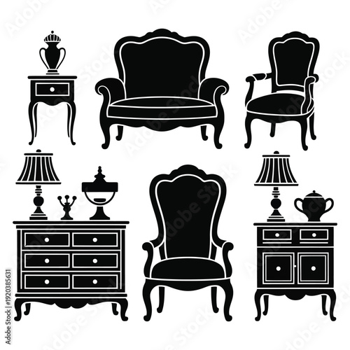 Set of classic antique furniture pieces including armchairs chest of drawers and lamps in a detailed silhouette vector style on a transparent background