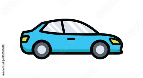 A simple cartoon illustration depicts a light blue sedan with dark outlines emphasizing its sleek profile silhouette high quality professional detailed