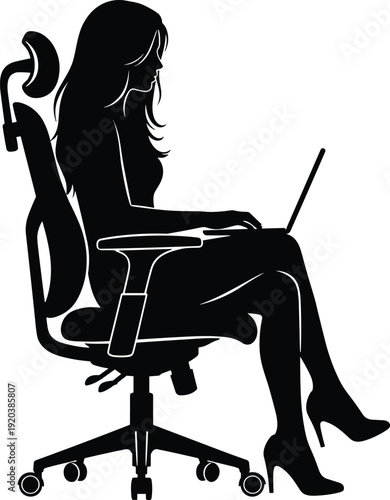 Businesswoman working on laptop silhouette illustration, female professional sitting in office chair isolated on white background for remote work concept