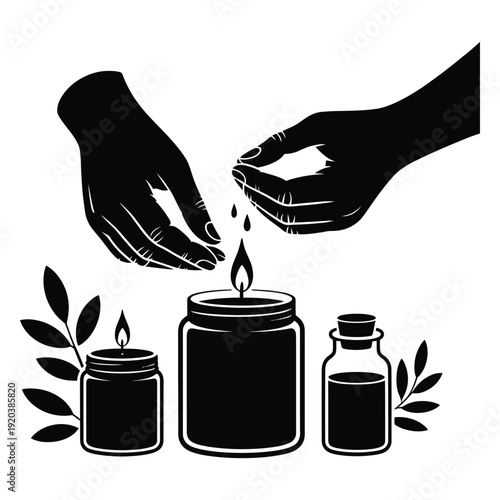 Silhouette of hands pouring liquid from a vial into a candle jar, with lit candles and sprigs nearby symbolizing aromatherapy and candle making illustration
