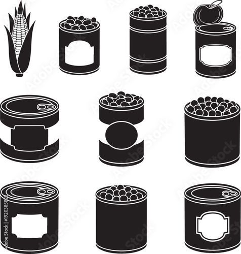 Food can icon collection. Includes corn, beans, and various canned goods. Created in monochrome style with black and white palette.