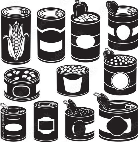 Canned food icon collection. Includes corn, beans, vegetables, fruits, and other canned goods. Created in black and white line style with simple illustrations