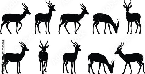 Black silhouette collection of graceful gazelle and antelope figures in various poses, including walking, standing, and grazing, isolated on a white background