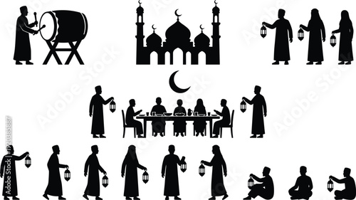 Black silhouette collection of Ramadan Kareem celebrations featuring mosque architecture, family eating iftar dinner, people holding lanterns, and man beating traditional bedug drum