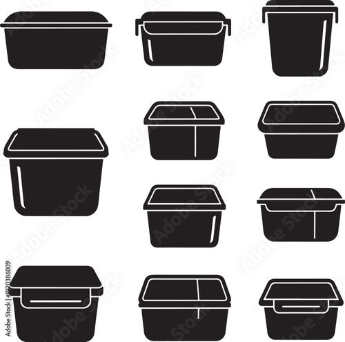 Black plastic container icon set. Includes storage boxes with lids, handles, and different shapes. Created in simple line style with black and white palette.
