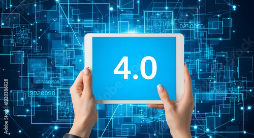 Hands holding a tablet displaying the number 4 0 over a digital background