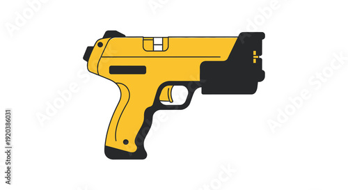 A bright yellow and black futuristic handgun is prominently displayed against a plain white background silhouette high quality professional detailed modern