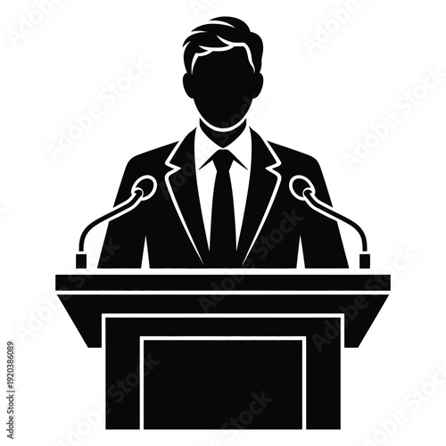 Silhouette of man at podium with microphones, representing public speaking, presentation, and political speech illustration