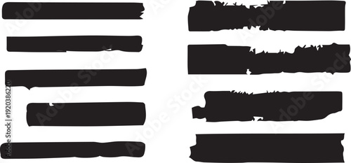A collection of ten black rectangular brush strokes on a white background with varying textures and lengths