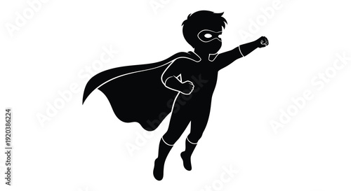 A young boy dressed as a superhero striking a dynamic pose mid flight presented as a striking silhouette high quality professional detailed