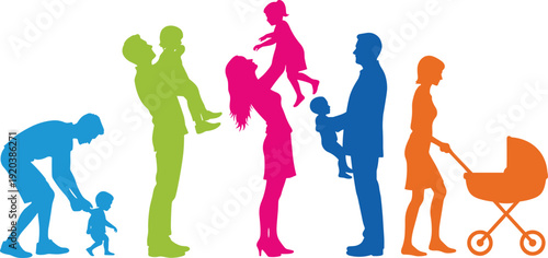 Happy family silhouettes, parents and children, colorful parenting moments, mother father baby, childcare illustration, love, bonding, lifestyle, vector set, collection