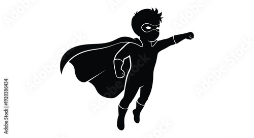 A dynamic black silhouette of a young superhero in a cape and mask striking a powerful pose silhouette high quality professional