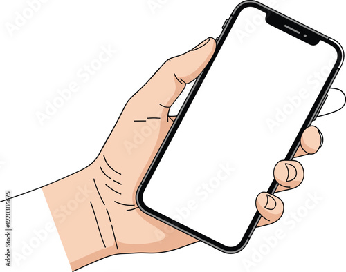Hand holding smartphone mockup illustration, blank mobile screen isolated on white background for app presentation concept, modern device graphic