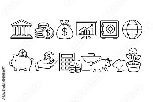A hand drawn doodle set of business and finance icons featuring vector illustrations of money, banking symbols, and computer signs in a creative sketch style pattern