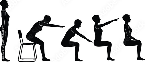 Chair squat exercise silhouette, home workout routine, bodyweight training, fitness practice, healthy lifestyle, strength building, balance, flexibility, posture, rehabilitation