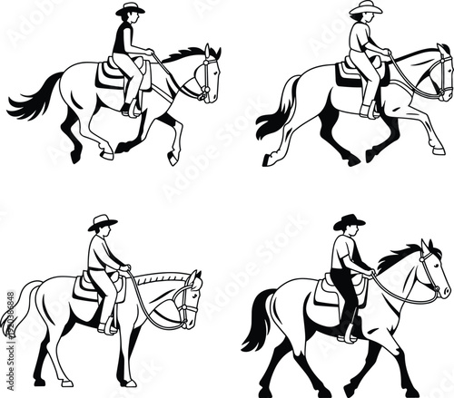 Horse riding silhouettes set, cowboy rider equestrian western ranch horseback training isolated vector illustration collection