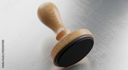 Professional Wooden Rubber Stamp on a Brushed Metal Surface, Classic Office Tool and Stationery Mockup