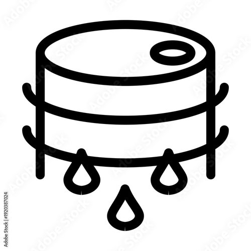 Oil barrel line icon with falling drops, fuel drum symbol for energy industry