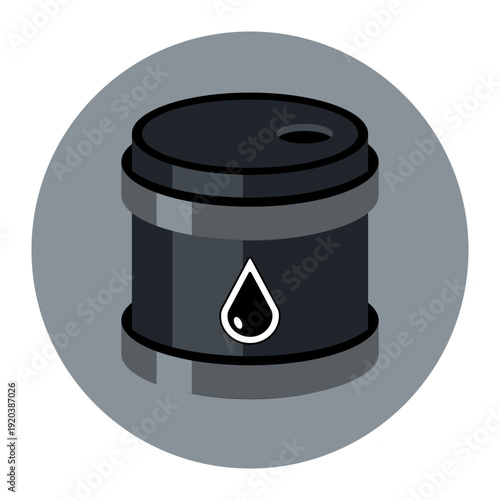 Oil barrel icon with oil drop symbol, flat vector illustration of fuel storage tank on gray circle background.
