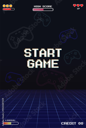 START GAME. Retro Futurism Sci-Fi Background. glowing neon grid and star from vintage arcade computer games