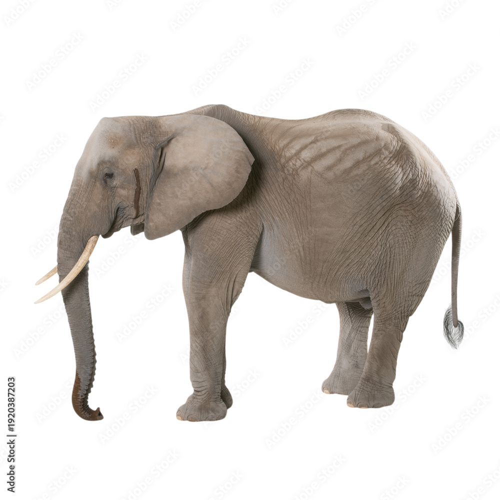 Obraz premium Majestic African Elephant Full Body Profile with Tusks Isolated on Black Background for Design