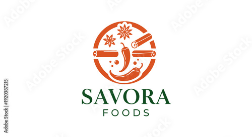 Organic food logo with chili pepper, cinnamon sticks, and star anise in a circular design, isolated white background