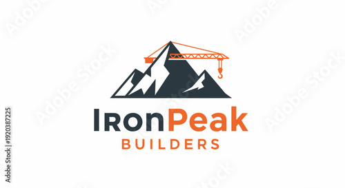 Mountain peak and construction crane logo design for strong builders, isolated white background.