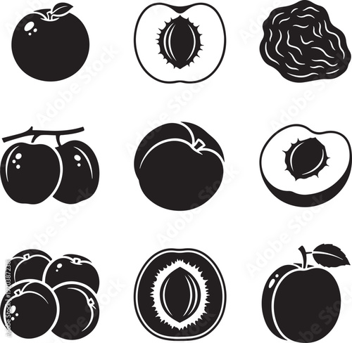 Fruit icons collection. Includes peach, plum, nectarine, and apricot symbols. Created in black and white vector style