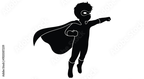 A young boy dressed as a superhero is captured in a dynamic pose appearing to fly forward silhouette high quality