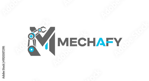 Abstract M letter robot arm and droplet logo design for mechanical automation, isolated white background.