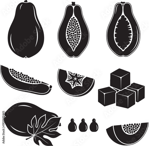 Fresh fruit vector icon set. Includes pears, cubes, and seeds. Created in solid style with black and white palette.