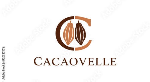Cacaovelle Logo with Stylized Letter C and Cocoa Beans on Isolated White Background