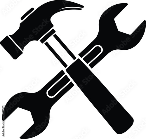 Hammer and wrench icon illustration, black crossed tools symbol isolated on white background for repair maintenance service concept
