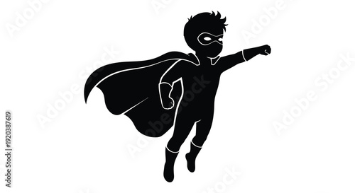 A dynamic black silhouette depicts a young superhero in a flying pose showcasing strength and courage silhouette high quality professional detailed