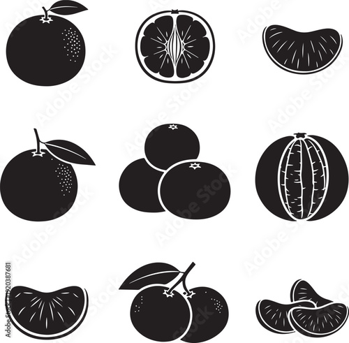 Citrus fruit vector icon set. Includes orange, lemon, lime, and grapefruit illustrations. Created in black and white line art style.
